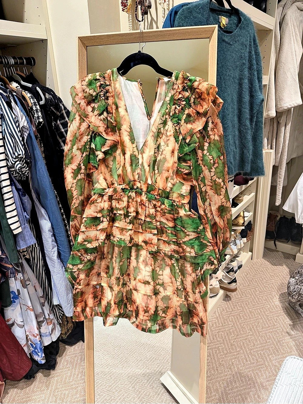 Ulla Johnson pink and green Print Structured Ruffle Hem Mini Dress